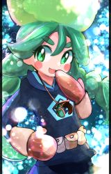 Rule 34 | 1girl, :d, absurdres, blue jacket, blush stickers, braid, bright pupils, brown mittens, commentary request, creatures (company), eyelashes, fur hat, game freak, green eyes, green hair, green hat, hair between eyes, hand up, hat, highres, jacket, kayucha (xnsushi), long hair, long sleeves, looking to the side, mittens, nintendo, open mouth, pokemon, pokemon legends: arceus, sabi (pokemon), smile, solo