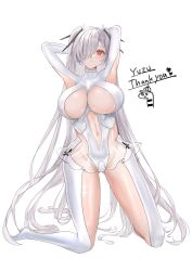 Rule 34 | 1girl, absurdres, armpits, arms behind head, arms up, bodysuit, breasts, cinderella (nikke), cleavage, cleavage cutout, closed mouth, clothing cutout, commission, full body, gluteal fold, goddess of victory: nikke, hair ornament, hair over one eye, hamuhanama, headgear, highres, kneeling, large breasts, light blush, long hair, navel cutout, one eye covered, red eyes, see-through, see-through skirt, skeb commission, skirt, smile, solo, twintails, very long hair, white bodysuit, white hair