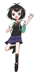 Rule 34 | 1girl, :d, antenna hair, backpack, bag, black footwear, black hair, black necktie, black socks, black sweater vest, blue skirt, blush, breasts, brown eyes, character sheet, commentary, commission, dress shirt, foot up, full body, highres, holding strap, kneehighs, looking at viewer, marvel, necktie, open mouth, outstretched arm, owlz, peni parker, plaid, plaid skirt, pleated skirt, raised eyebrows, running, school uniform, shirt, shoes, short hair, short sleeves, simple background, skeb commission, skirt, small breasts, smile, socks, solo, spider-man: into the spider-verse, spider-man (series), spider-verse, sweater vest, waving, white background, white shirt
