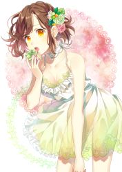 Rule 34 | 1girl, bad id, bad pixiv id, bare shoulders, box, breasts, brown hair, choker, cleavage, collarbone, cowboy shot, dress, flower, gift, gift box, green flower, green rose, hair flower, hair ornament, highres, holding, holding box, kotori (gokigen iori), leaning forward, looking at viewer, medium breasts, open mouth, original, pink flower, pink rose, rose, see-through silhouette, shiny skin, short dress, short hair, sleeveless, sleeveless dress, solo, sparkle, standing, yellow dress, yellow eyes