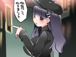 Rule 34 | 1girl, breasts, brown eyes, grey hair, hair ornament, hairclip, hammer (sunset beach), hat, impossible clothes, impossible shirt, large breasts, looking at viewer, love hotel, mob cap, open mouth, original, pointing, shirt, solo, translated, turtleneck, upper body