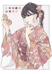 Rule 34 | 1girl, beige background, black hair, bow, compact (cosmetics), cosmetics, floral print, framed, grey eyes, hair ornament, hands up, highres, japanese clothes, keiko (um7mr1), kimono, lipstick tube, long hair, obi, original, ponytail, sash, solo, striped, striped bow, upper body, white background, x hair ornament