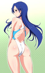 Rule 34 | 1girl, ass, blue hair, blush, brown eyes, closed mouth, competition swimsuit, from behind, gluteal fold, highleg, highleg swimsuit, idolmaster, idolmaster (classic), kisaragi chihaya, long hair, looking back, one-piece swimsuit, solo, standing, swimsuit, tengu (tetuo kun)