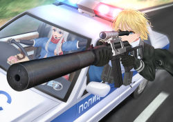 Rule 34 | 2girls, 9a-91 (girls&#039; frontline), absurdres, aiming, arm warmers, armpit cutout, bad id, bad pixiv id, beret, black jacket, black legwear, blonde hair, blue dress, blue eyes, blue neckwear, blue skirt, breasts, car, clothing cutout, collared shirt, commentary request, cuffs, cyrillic, doughnut, dress, driving, food, foreshortening, girls&#039; frontline, gloves, grey gloves, gun, hair between eyes, handcuffs, hat, headset, highres, holding, holding gun, holding person, holding weapon, id card, itsuki toiro, jacket, large breasts, long hair, long sleeves, lower teeth only, magazine (weapon), medium breasts, miniskirt, motor vehicle, multiple girls, open clothes, open jacket, open mouth, pantyhose, police car, red scarf, rifle, right-hand drive, road, scarf, seatbelt, shirt, short hair, short sleeves, sideboob, sidelocks, silver hair, sitting, skirt, sniper rifle, standing, steering wheel, suppressor, teeth, trigger discipline, very long hair, vsk-94, vsk-94 (girls&#039; frontline), weapon, white shirt