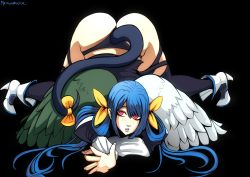 Rule 34 | 1girl, angel wings, arm support, ass, asymmetrical wings, black background, black panties, blue hair, butt crack, dizzy (guilty gear), fingernails, guilty gear, guilty gear x, guilty gear xx, hair ribbon, high heels, highres, jack-o&#039; challenge, long hair, looking at viewer, mayowarlock, monster girl, panties, red eyes, ribbon, skindentation, solo, tail, tail ornament, tail ribbon, thigh strap, thighhighs, thighs, top-down bottom-up, twintails, underwear, wings, yellow ribbon