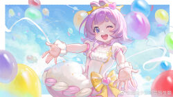 Rule 34 | 1girl, balloon, breasts, chinese commentary, collar, commentary request, dress, highres, one eye closed, original, outstretched arms, pink collar, pink dress, pink hair, puffy short sleeves, puffy sleeves, purple eyes, scrunchie, short sleeves, small breasts, solo, thick eyebrows, two-tone dress, watermark, weibo logo, weibo watermark, white dress, wrist scrunchie, yun (dl2n5c7kbh8ihcx)