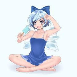 Rule 34 | 1girl, absurdres, arm up, armpits, blue background, blue bow, blue eyes, blue hair, blue one-piece swimsuit, bow, cirno, food, full body, hair bow, highres, holding, holding food, ice, ice wings, indian style, inoshin (inixia1748), one-piece swimsuit, open mouth, popsicle, short hair, simple background, sitting, solo, spaghetti strap, sweat, swimsuit, touhou, wings