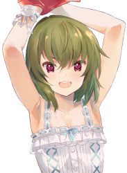 Rule 34 | 1girl, armpits, arms up, bare arms, bare shoulders, baseball glove, collarbone, commentary request, dress, green hair, highres, idolmaster, idolmaster million live!, looking at viewer, nagayoshi subaru, open mouth, red eyes, short hair, sleeveless, sleeveless dress, solo, sundress, sweat, tank top, tetsujin momoko, upper body, white background, white dress, wrist cuffs