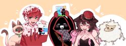 Rule 34 | 1girl, 2boys, animal, animal ears, animalization, antfrost, arms up, badboyhalo, black dress, breasts, brown hair, captainpuffy, cat, cleavage, collar, commentary, demon boy, dog ears, dog girl, drawing (object), dress, english commentary, fluffy, gartic phone, green eyes, hat, headphones, highres, holding, hood, hood down, hood up, hoodie, indie virtual youtuber, kepi, laughing, long hair, military hat, minecraft youtube, multicolored hair, multiple boys, open mouth, orange background, pink hair, red hair, red hat, scarf, sheep, short hair, siamese cat, skeppy, smile, two-tone hair, velvetiscake, vgumiho, virtual youtuber, yenny (yennyinc)