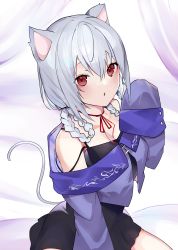 Rule 34 | 1girl, absurdres, animal ears, bare shoulders, bed sheet, black dress, braid, braided hair rings, cat ears, cat girl, cat tail, commentary request, dress, hair between eyes, hair rings, hakase fuyuki, hakase fuyuki (4th costume), hand up, highres, long sleeves, looking at viewer, nijisanji, off-shoulder shirt, off shoulder, parted lips, purple shirt, red eyes, shirt, silver hair, sitting, sleeveless, sleeveless dress, sleeves past fingers, sleeves past wrists, solo, tail, twin braids, virtual youtuber, yayoi asuka