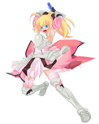 Rule 34 | 1girl, ahoge, armor, armored dress, artoria pendragon (all), artoria pendragon (fate), atm (samuraiedge), bare shoulders, blonde hair, blue eyes, bow, capcom, detached sleeves, dress, fate/stay night, fate/unlimited codes, fate (series), garter straps, gauntlets, hair bow, long hair, pink thighhighs, ponytail, saber (fate), saber lily, solo, sword, thighhighs, weapon