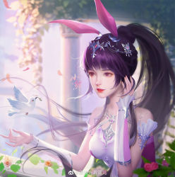 Rule 34 | 1girl, absurdres, animal ears, artist request, bird, brown hair, collar, douluo dalu, dress, falling petals, flower, hair ornament, hand in own hair, highres, metal collar, parted lips, petals, pillar, pink dress, pink eyes, ponytail, rabbit ears, second-party source, solo, upper body, xiao wu (douluo dalu)