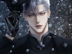 Rule 34 | black background, black gloves, blue eyes, blue sweater, closed mouth, gloves, hat, highres, holding, holding clothes, holding hat, ilay riegrow, jewelry, lipgloss, looking at viewer, passion (manhwa), pendant, police hat, portrait, realistic, rotated, shinya 626, snow, sweater, uniform, unworn hat, unworn headwear, white hair