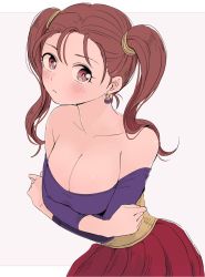 Rule 34 | 1girl, bad id, bad twitter id, bare shoulders, blush, breasts, brown eyes, brown hair, cleavage, closed mouth, dragon quest, dragon quest viii, dress, earrings, jessica albert, jewelry, large breasts, long hair, looking at viewer, miyama (kannsannn), purple shirt, shirt, simple background, solo, strapless, twintails