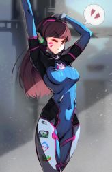 Rule 34 | 1girl, arms up, bodysuit, breasts, brown eyes, brown hair, closed mouth, covered navel, cowboy shot, d.va (overwatch), facepaint, facial mark, headphones, high collar, highres, legs together, long hair, looking at viewer, matching hair/eyes, medium breasts, one eye closed, overwatch, overwatch 1, ribbed bodysuit, ryuji (red-truth), skin tight, solo, speech bubble, standing, swept bangs, whisker markings