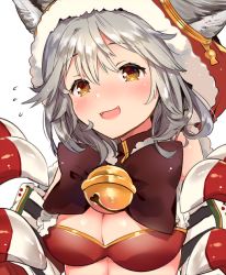Rule 34 | 10s, 1girl, :3, :d, animal ears, bell, blush, breasts, brown eyes, claw (weapon), claws, ears through headwear, erune, fangs, flying sweatdrops, granblue fantasy, grey hair, hair between eyes, hood, ichihaya, jingle bell, looking at viewer, open mouth, sen (granblue fantasy), short hair, simple background, smile, solo, upper body, weapon, white background