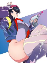 Rule 34 | 1girl, absurdres, ass, black hair, blue eyes, blush, breasts, fingerless gloves, glasses, gloves, gridman universe, gridman universe (film), gun, highres, holding, holding gun, holding weapon, kame 0 0 kame, large breasts, long hair, long sleeves, looking at viewer, official alternate costume, ponytail, solo, sunglasses, takarada rikka, thick thighs, thighs, weapon
