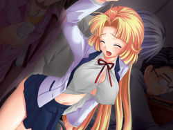 Rule 34 | 1girl, 3boys, breasts, chikan, cleavage, game cg, indoors, multiple boys, open mouth, school uniform, skirt