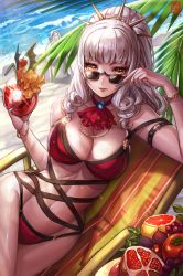 Rule 34 | 1girl, beach, bikini, blonde hair, box (hotpppink), breasts, carmilla (fate), cleavage, day, drink, fate (series), fingernails, food, fruit, grapefruit, jewelry, light smile, long fingernails, long hair, lying, medium breasts, navel, necklace, on side, outdoors, palm tree, parted lips, pomegranate, red bikini, sand, solo, carmilla (summertime mistress) (fate), sunglasses, swimsuit, thighs, toned, tree, water, white hair, wide hips