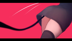 Rule 34 | 1girl, ass, black shirt, black thighhighs, dutch angle, from behind, from below, highres, letterboxed, lower body, motion lines, original, pink background, shimmer, shirt, simple background, solo, thighhighs, zettai ryouiki