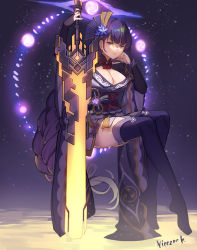 Rule 34 | 1girl, artist name, blunt bangs, braid, breasts, claymore (sword), cleavage, commentary request, electricity, feet, floating, full body, genshin impact, glowing, hair ornament, highres, holding, holding sword, holding weapon, japanese clothes, kimono, large breasts, long hair, long sleeves, looking at viewer, mole, mole under eye, no shoes, parted lips, purple eyes, purple hair, purple sleeves, purple thighhighs, raiden shogun, rope, sitting, sky, solo, sparkle, star (sky), starry sky, sword, tassel, thighhighs, thighs, toes, vierzeck, vision (genshin impact), weapon, wide sleeves