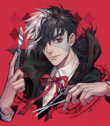 Rule 34 | 1boy, argyle, argyle background, argyle clothes, black hair, black jack (character), black jack (series), closed mouth, coat, collared coat, collared shirt, eyes visible through hair, fan ju, hair over one eye, highres, holding, holding scalpel, holding scissors, long sleeves, male focus, multicolored hair, neck ribbon, patchwork skin, realistic, red background, red eyes, red ribbon, ribbon, scalpel, scar, scar on face, scissors, shirt, short hair, sideburns, simple background, smile, solo, split-color hair, stitches, thick eyebrows, torn ribbon, two-tone hair, white hair, white shirt