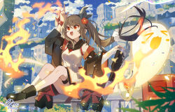 Rule 34 | 1girl, :d, absurdres, alternate costume, alternate hairstyle, arm up, ass, black hair, blurry, boo tao (genshin impact), building, commentary request, depth of field, detached sleeves, eyeshadow, facing away, fire, flower, genshin impact, ghost, gun, hair between eyes, hair flower, hair ornament, hair ribbon, highres, holding, holding gun, holding weapon, hu tao (genshin impact), long sleeves, looking away, makeup, open mouth, outdoors, pointing, pointing up, red eyes, red eyeshadow, ribbon, rifle, side ponytail, sidelocks, sitting, sitting on fence, skyline, skyscraper, smile, symbol-shaped pupils, vision (genshin impact), weapon, wide sleeves, yuna hieu