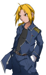 Rule 34 | 1boy, ahoge, blonde hair, braid, braided ponytail, dave cheung, edward elric, fullmetal alchemist, gloves, hands in pockets, jacket, long hair, male focus, military, military uniform, open clothes, open jacket, single braid, solo, uniform, white gloves, yellow eyes