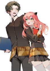 Rule 34 | 1boy, 1girl, absurdres, aged up, anya (spy x family), blush, book, brown hair, damian desmond, eden academy school uniform, green eyes, hairpods, hana (h6n6 matsu), height difference, highres, long hair, long sleeves, looking at another, pants, parted bangs, pink hair, school uniform, simple background, spy x family, sweatdrop, thighhighs, white background, yellow eyes