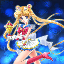 Rule 34 | 1990s (style), 1girl, bishoujo senshi sailor moon, bishoujo senshi sailor moon supers, blonde hair, blue background, blue eyes, blue sailor collar, boots, bow, brooch, choker, double bun, earrings, gloves, hair bun, hair ornament, hairpin, heart, heart brooch, jewelry, knee boots, long hair, magical girl, multicolored clothes, multicolored skirt, pleated skirt, red bow, retro artstyle, ribbon, sailor collar, sailor moon, shirataki kaiseki, skirt, smile, solo, standing, standing on one leg, super sailor moon, tiara, tsukino usagi, twintails, white gloves