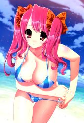 Rule 34 | 1girl, beach, bikini, breasts, day, highres, itou ben, large breasts, long hair, original, pink hair, purple eyes, solo, striped bikini, striped clothes, swimsuit, twintails