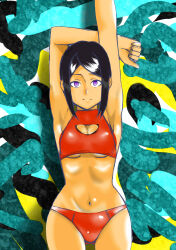 Rule 34 | 1girl, absurdres, armpits, arms up, bikini, black hair, blue background, breasts, cleavage, cleavage cutout, closed mouth, clothing cutout, danganronpa: trigger happy havoc, danganronpa (series), female focus, freckles, highres, ikusaba mukuro, kbt-type, looking at viewer, medium breasts, navel, purple eyes, red bikini, shiny clothes, shiny skin, simple background, solo, swimsuit, tan, underboob, upper body, white background, yellow background