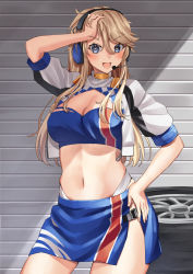 Rule 34 | 1girl, alternate costume, alternate hairstyle, bandeau, bikini, blonde hair, blue bandeau, blue eyes, blue skirt, breasts, cowboy shot, day, hair between eyes, hand on own hip, headphones, iowa (kancolle), jacket, kantai collection, large breasts, long hair, mayura (lucadia), navel, open mouth, ponytail, race queen, short sleeves, skirt, smile, solo, spoiler (automobile), star-shaped pupils, star (symbol), sunlight, swimsuit, symbol-shaped pupils, two-tone bikini, wheel