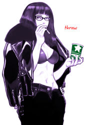 Rule 34 | 1girl, absurdres, blunt bangs, bra, breasts, cigarette, cigarette pack, coat, cowboy shot, cup, english text, glasses, highres, holding, jacket, long hair, looking at viewer, looking to the side, midriff, monochrome, navel, open clothes, open fly, open jacket, original, pants, purple theme, simple background, smoking, solo, spot color, standing, stomach, underwear, unzipped, vigwer, white background, zipper