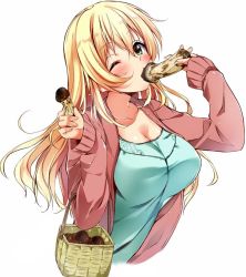 Rule 34 | 10s, 1girl, ;), alternate costume, atago (kancolle), blonde hair, blush, breasts, casual, cleavage, collarbone, female focus, green eyes, kantai collection, large breasts, long hair, looking at viewer, mushroom, nironiro, one eye closed, sexually suggestive, smile, solo, upper body