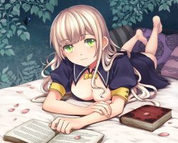 Rule 34 | 1girl, bad id, bad pixiv id, barefoot, bed, blonde hair, book, breasts, brown hair, bug, butterfly, cleavage, dress, feet, foreshortening, green eyes, bug, leaf, long hair, looking at viewer, lying, medium breasts, megumoke, on bed, on stomach, open book, original, petals, pillow, puffy short sleeves, puffy sleeves, short sleeves, smile, solo, the pose, toes