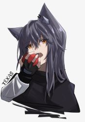 Rule 34 | 1girl, animal ear fluff, animal ears, apple, arknights, black capelet, black gloves, black hair, capelet, character name, chinese commentary, commentary request, ear piercing, eating, eyes visible through hair, fingerless gloves, food, fruit, gloves, hair between eyes, hibioes, highres, jacket, long hair, open mouth, piercing, solo, teeth, texas (arknights), upper body, white jacket, wolf ears, yellow eyes