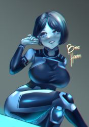 Rule 34 | 1girl, alternate breast size, animification, bee haan, blue eyes, blue hair, blue jacket, blue skin, breasts, chromatic aberration, colored skin, crossed legs, grey background, halo (series), halo infinite, head tilt, highres, jacket, large breasts, leaning forward, parted lips, short hair, smile, solo, the weapon (halo infinite), thick thighs, thighs