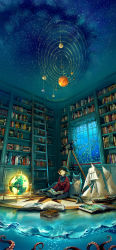 Rule 34 | 1girl, air bubble, animal, artist name, black pants, blue bow, blue bowtie, blue eyes, book, bookshelf, bow, bowtie, brown hair, bubble, commentary, d:, dog, fish, globe, glowing, highres, indian style, indoors, ladder, library, long sleeves, looking up, microscope, model, night, night sky, ocean, octopus, on floor, open book, open mouth, original, pants, planet, red shirt, scenery, ship, shirt, short hair, sitting, sky, solar system, solo, space, star (sky), sun symbol, surreal, telescope, tentacles, underwater, watercraft, watermark, web address, yuumei