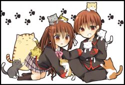 Rule 34 | 1boy, 1girl, animal, animal on head, bow, brother and sister, brown hair, cat, cat on head, doruji, little busters!, long hair, natsume kyousuke, natsume rin, on head, paw print, pink bow, ponytail, red eyes, school uniform, short hair, siblings, too many, too many cats, yui (ntm-21)