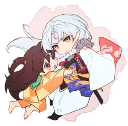 Rule 34 | 1boy, 1girl, armor, barefoot, black hair, brown eyes, brown hair, child, closed mouth, commentary request, facial mark, forehead mark, fur, hamagurihime, inuyasha, japanese clothes, kimono, long hair, looking at viewer, one side up, open mouth, pointy ears, rin (inuyasha), sesshoumaru, simple background, smile, sword, weapon, white background, white hair, yellow eyes