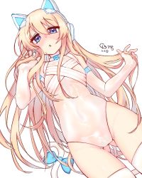 Rule 34 | 1girl, animal ears, arm at side, blonde hair, blue eyes, blush, bodysuit, bow, breasts, cat ears, cat tail, character name, chestnut mouth, commentary request, covered navel, cowboy shot, dutch angle, elbow gloves, fingerless gloves, fingernails, from below, girls&#039; frontline, gloves, gluteal fold, hair between eyes, hand in own hair, headphones, highres, ice s s z, long hair, looking at viewer, open mouth, simple background, skin tight, small breasts, solo, standing, tail, tail bow, tail ornament, thighhighs, thighs, tmp (girls&#039; frontline), very long hair, white background, white thighhighs, yellow eyes