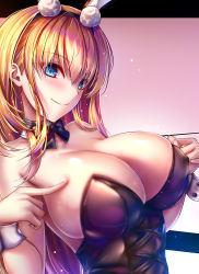 Rule 34 | 1girl, akeyama kitsune, azur lane, bare arms, bare shoulders, black bow, black bowtie, black leotard, blonde hair, blue eyes, blush, bow, bowtie, breasts, cleavage, closed mouth, covered erect nipples, hairband, large breasts, leotard, looking at viewer, north carolina (azur lane), north carolina (the heart&#039;s desire) (azur lane), pink background, playboy bunny, smile, solo, upper body, wrist cuffs