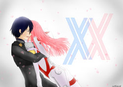 Rule 34 | 10s, 1boy, 1girl, absurdres, black bodysuit, black hair, bodysuit, closed eyes, commentary request, couple, crying, darling in the franxx, flyupintothesky357, gloves, hand on another&#039;s arm, hand on another&#039;s back, hetero, highres, hiro (darling in the franxx), hug, long hair, petals, pilot suit, pink hair, short hair, tears, white bodysuit, white gloves, zero two (darling in the franxx)