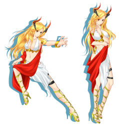 Rule 34 | 1girl, blonde hair, bracelet, contrapposto, full body, graphite (medium), greek mythology, high heels, highres, horns, jewelry, long hair, looking at viewer, mechanical pencil, midriff, multiple views, navel, original, pencil, red eyes, shawl, simple background, smile, standing, tachi-e, traditional media, white background, yustinos