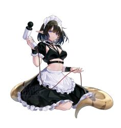 Rule 34 | 1girl, apron, arknights, black hair, dress, eunectes (arknights), frilled apron, frilled dress, frills, grey eyes, highres, inuko (redconstellation), maid apron, maid headdress, pointy ears, simple background, sitting, snake tail, solo, tail, white apron, white background