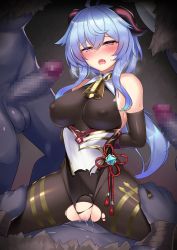 Rule 34 | 1girl, 3boys, arms behind back, bare shoulders, blue hair, blush, censored, clothed female nude male, clothed sex, covered erect nipples, elbow gloves, ganyu (genshin impact), genshin impact, gloves, goat horns, group sex, hetero, highres, hilichurl (genshin impact), horns, interspecies, kutan, leotard, light blue hair, mosaic censoring, multiple boys, nude, pantyhose, penis, rape, sex, sweat, torn clothes, torn legwear, torn leotard, vaginal