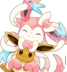 Rule 34 | bow, brown eyes, closed eyes, creatures (company), eevee, evolutionary line, game freak, gen 1 pokemon, gen 6 pokemon, happy, nintendo, pokemon, pokemon (creature), ribbon, rorosuke, signature, simple background, smile, sylveon, twitter username, white background