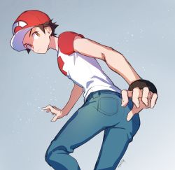Rule 34 | 1boy, baseball cap, bracelet, brown hair, closed mouth, commentary request, creatures (company), from below, game freak, green pants, grey background, hat, highres, jewelry, kashiwa (kasshiwa10), looking at viewer, looking back, male focus, nintendo, orange eyes, pants, pokemon, pokemon sm, red (pokemon), red hat, shirt, short sleeves, signature, sketch, solo, t-shirt