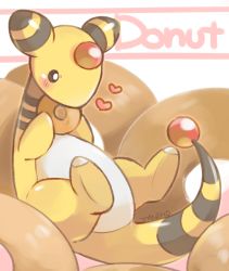 Rule 34 | ampharos, blush, commentary request, creatures (company), doughnut, eating, food, game freak, gen 2 pokemon, heart, holding, holding food, looking down, lying, nintendo, no humans, on back, pokemon, pokemon (creature), signature, solo, tansho